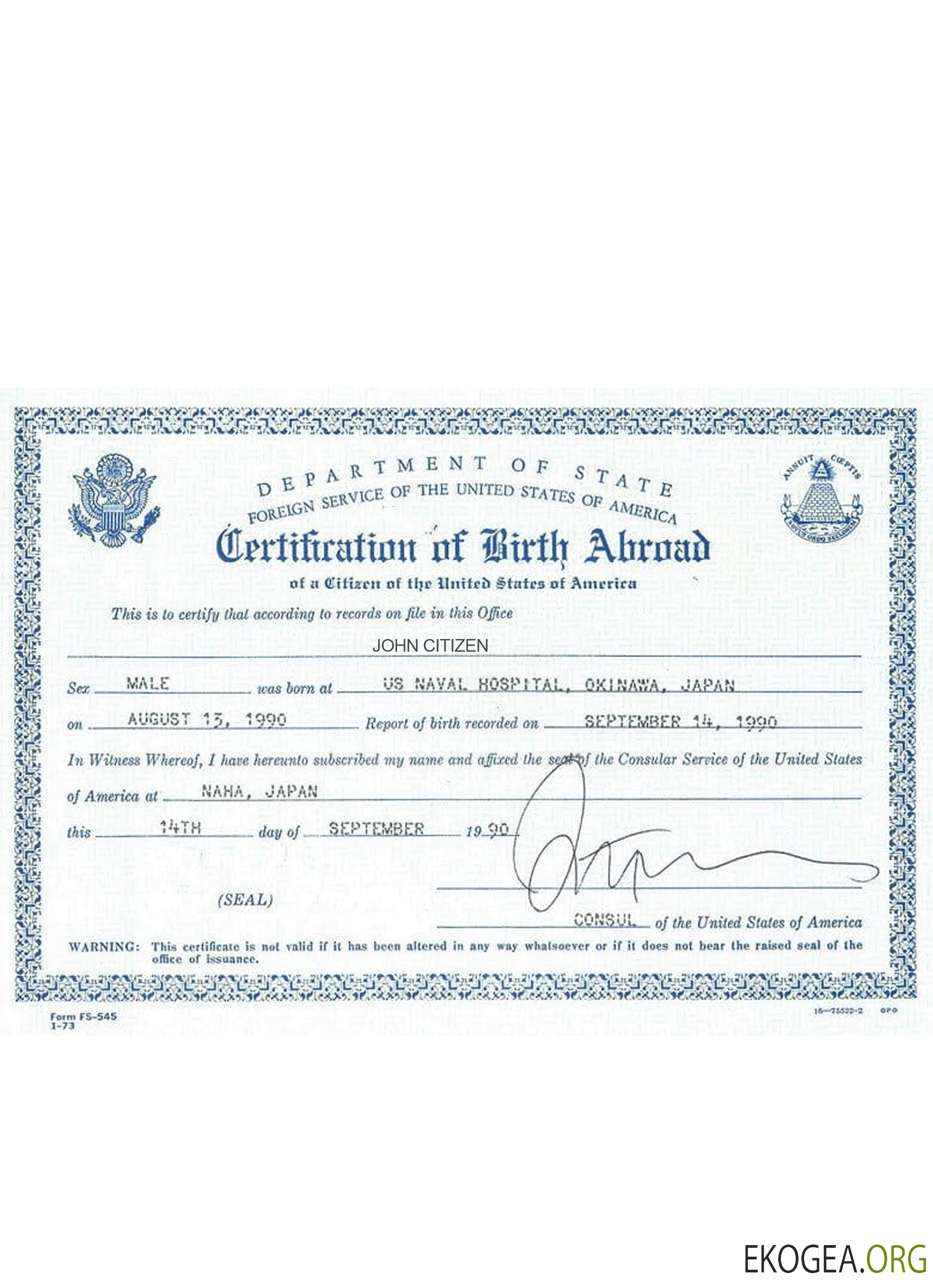 Certificat de naissance américain à l'étranger